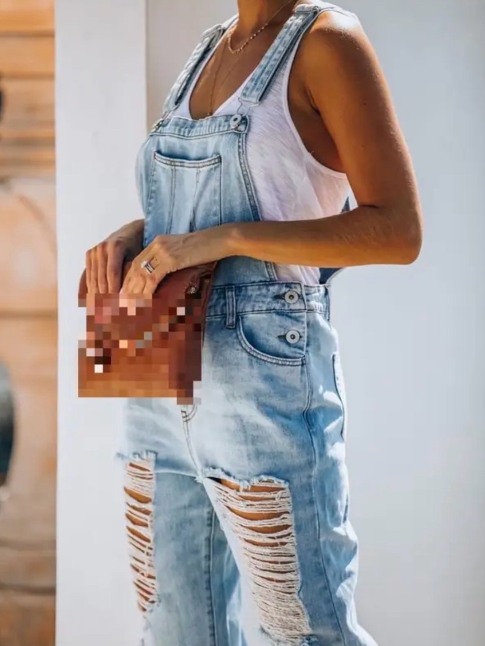 Light Blue Distressed Denim Overalls - Women's Jeans